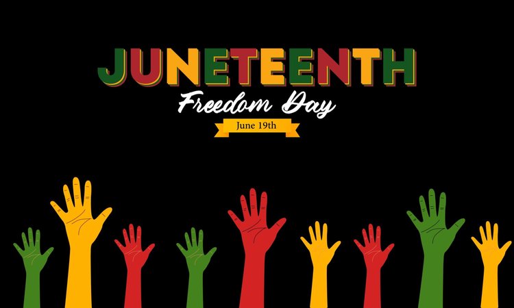 Juneteenth Freedom Day text with raised hands