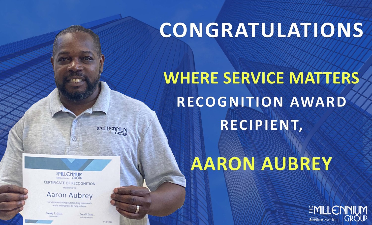 Where Service Matters recognition award recipient Aaron Aubrey