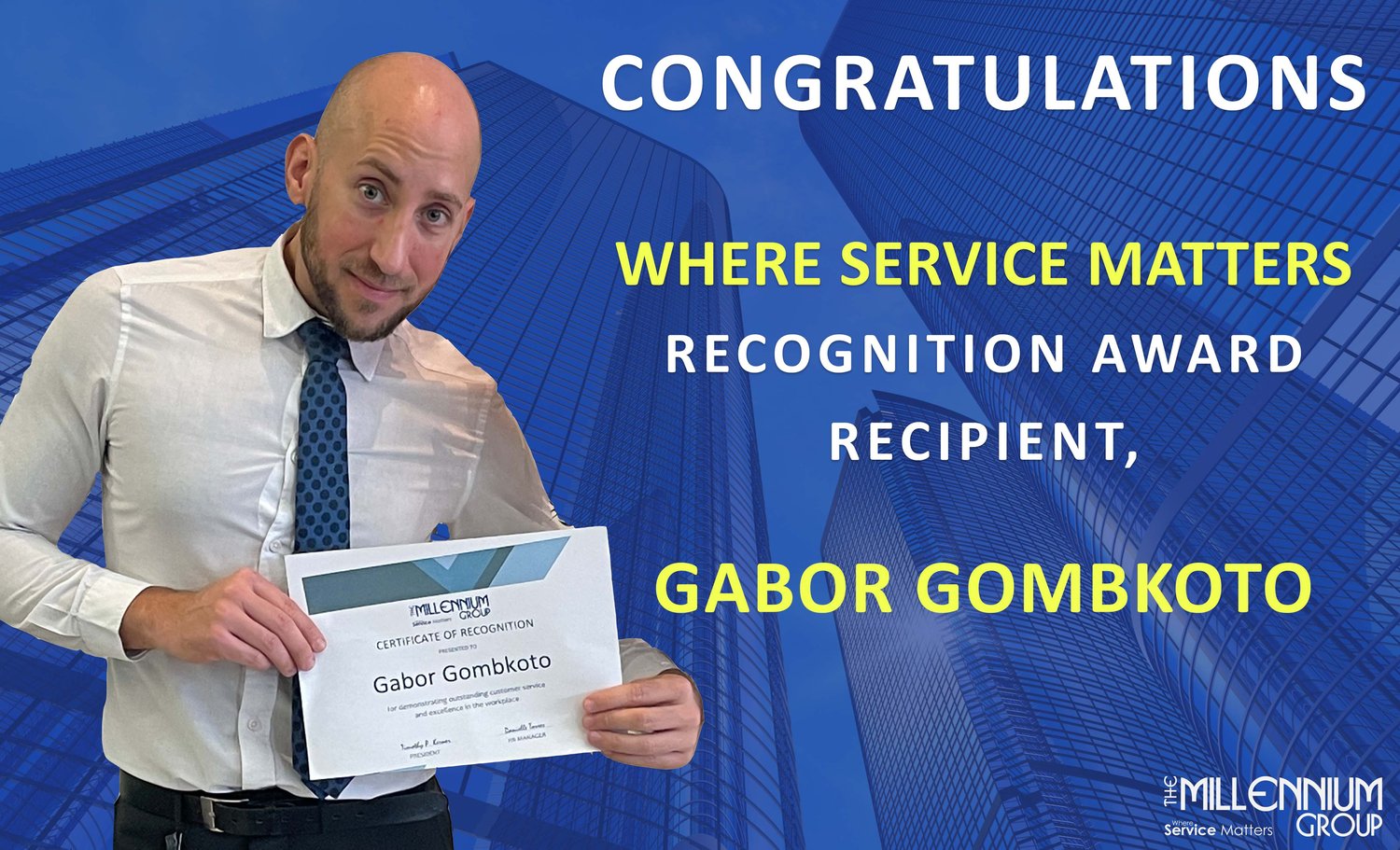 Where Service Matters recognition award recipient Gabor Gombkoto